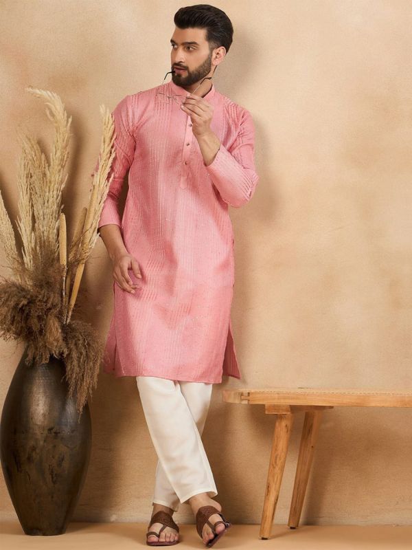 Pink Menswear Embroidered Kurta Pyjama