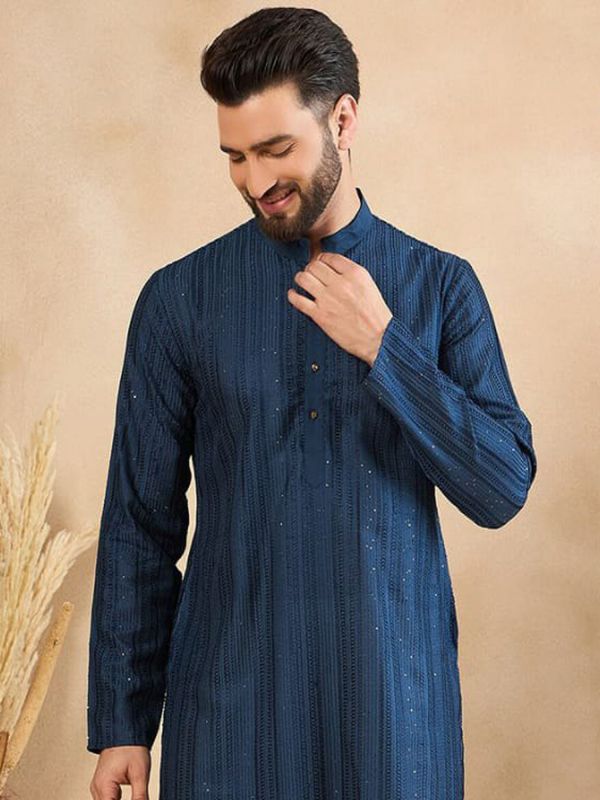 Navy Blue Kurta Set In Thread Work