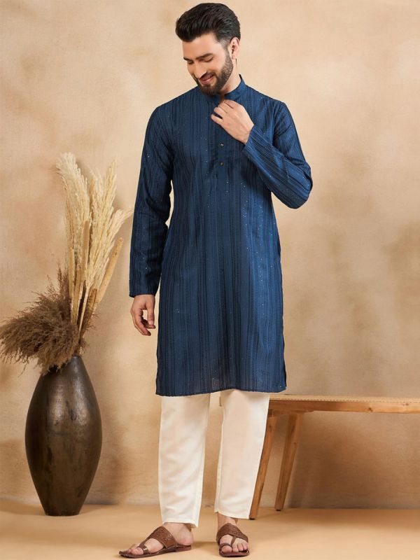 Navy Blue Kurta Set In Thread Work