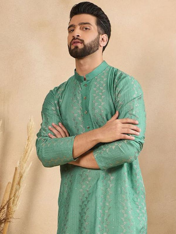 Green Festive Wear Embroidered Kurta Set