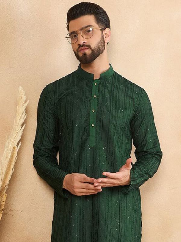 Dark Green Festive Silk Kurta Pyjama Set