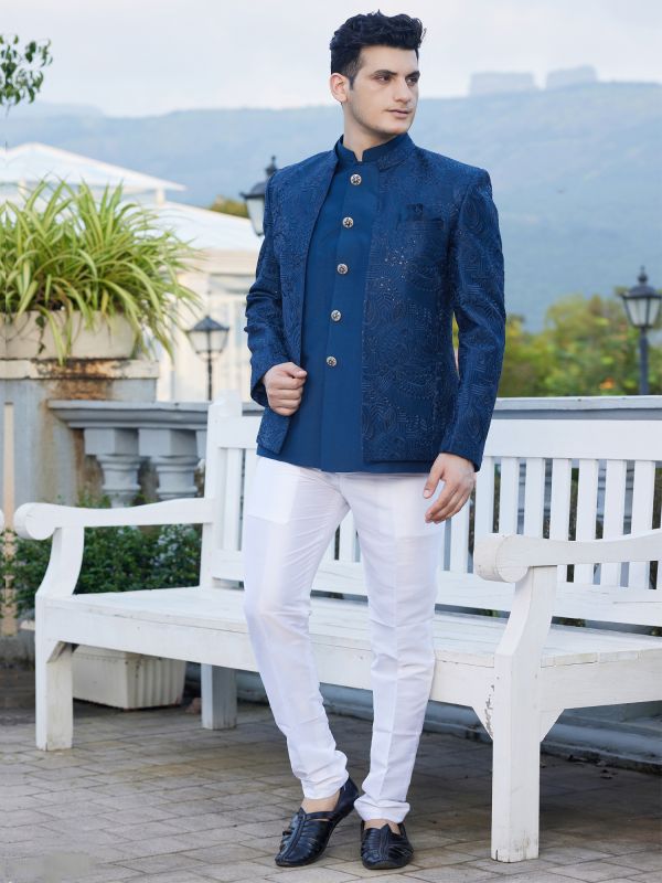 Navy Blue Embroidered Mandarin Suit In Silk