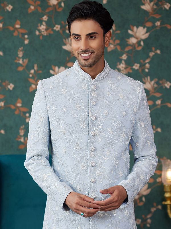 Steel Blue Groom's Sherwani In Heavy Floral Embellishment