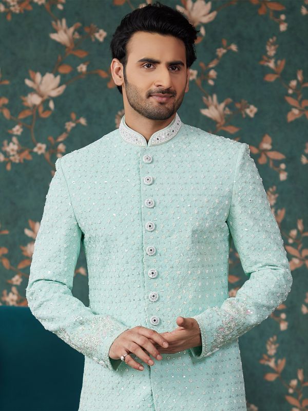 Pale Turquoise Wedding Wear Men's Sherwani In Silk