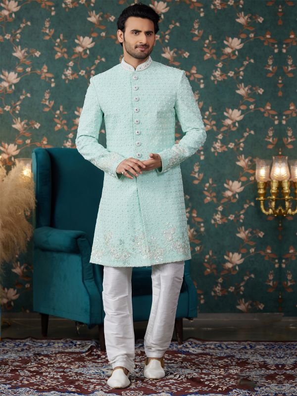 Pale Turquoise Wedding Wear Men's Sherwani In Silk