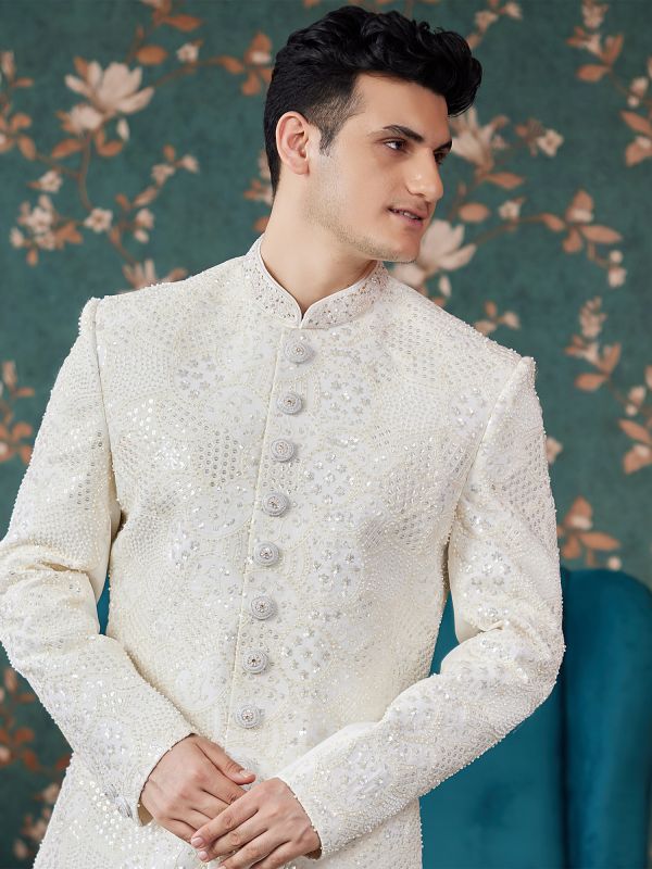 Off White Sequins Enhanced Groom's Sherwani In Art Silk