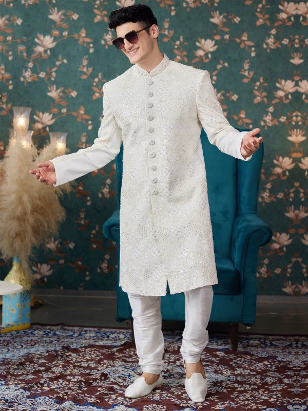 Off White Sequins Enhanced Groom's Sherwani In Art Silk