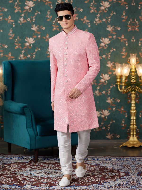 Baby Pink Heavy Embroidered Sherwani For Mens In Silk