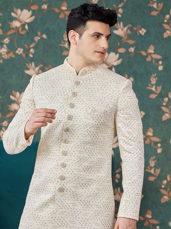 Cream Sequins Work Indowestern Style Sherwani Set