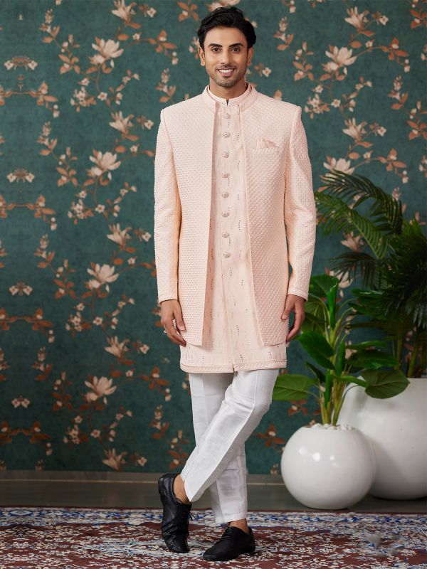 Peach Jacketed Style Indowestern Set For Mens In Silk