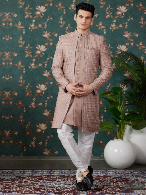 Brown Wedding Wear Silk Indowestern Set For Mens