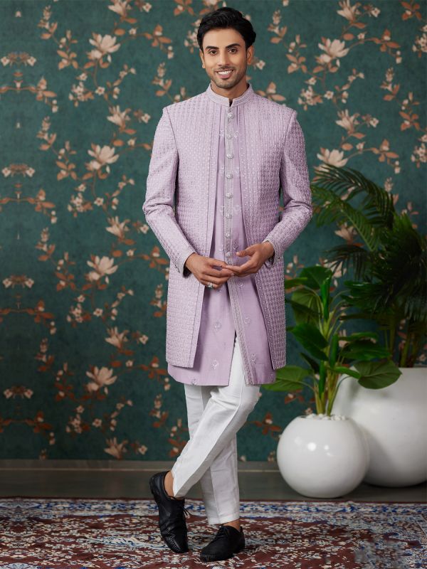 Lilac Menswear Silk Indowestern Set In Sequins Embroidery