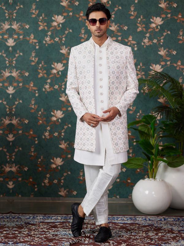 White Art Silk Indowestern Set With Embroidered Jacket