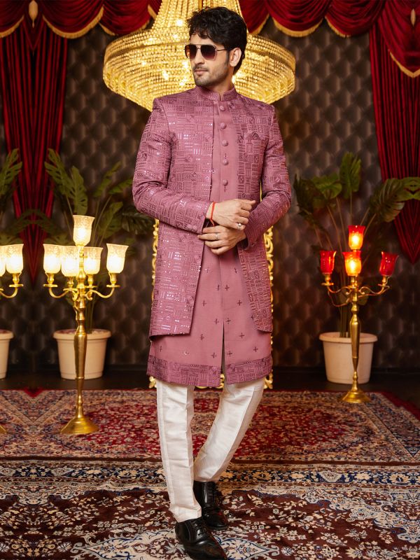 Pink Thread Embroidered Wedding Indowestern