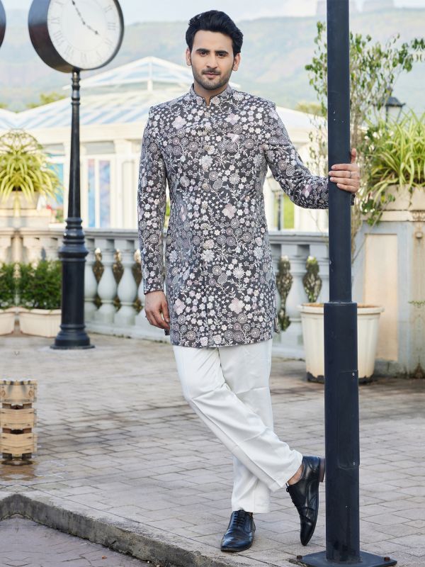 Grey Embroidered Bandhgala Style Mens Indowestern