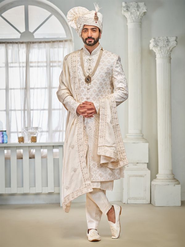 Off White Silk Sherwani With Stole For Groom