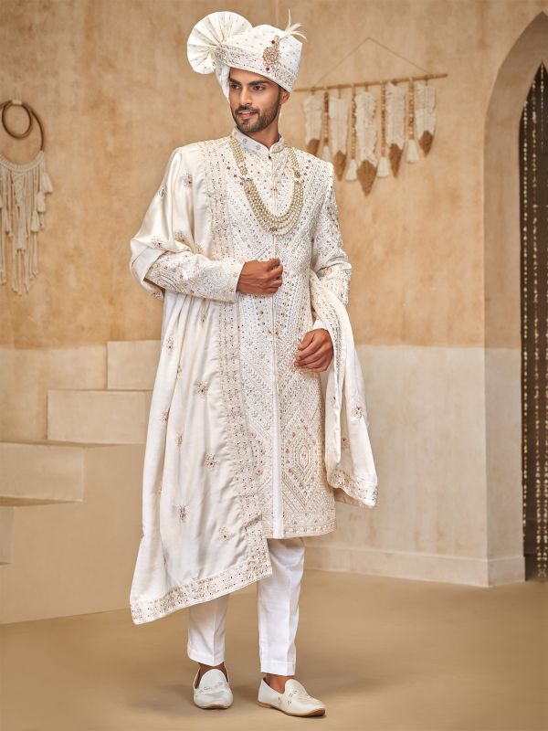 White Groom's Embroidered Sherwani With Stole