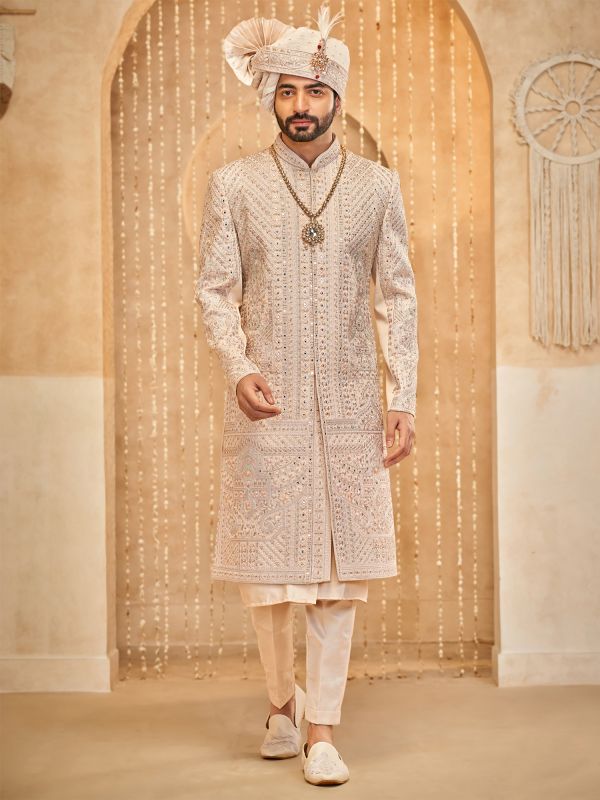 Cream Wedding Sherwani In Mirror Embellishment