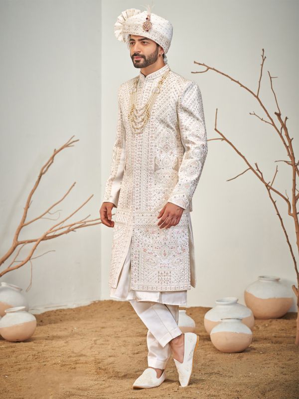 Off White Mirror Work Groom's Sherwani Set