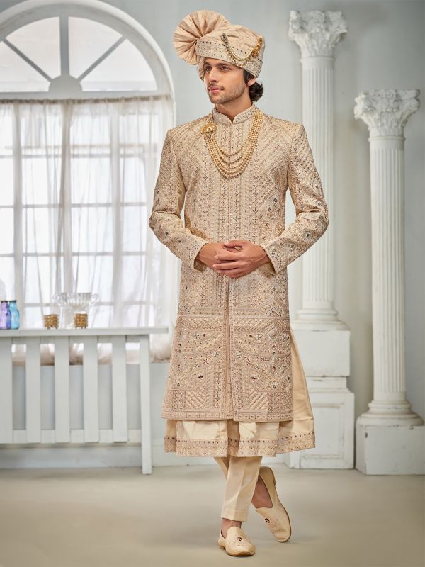 Golden Thread Augmented Sherwani In Anarkali Style