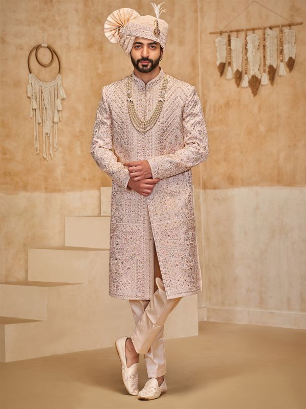 Peach Mirror Augmented Wedding Sherwani Set