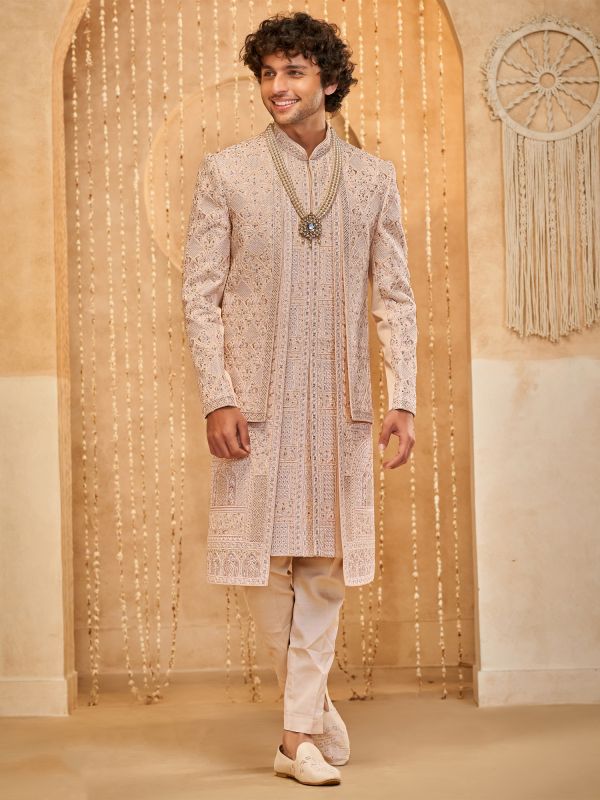 Peach Heavy Thread Work Layered Sherwani For Mens