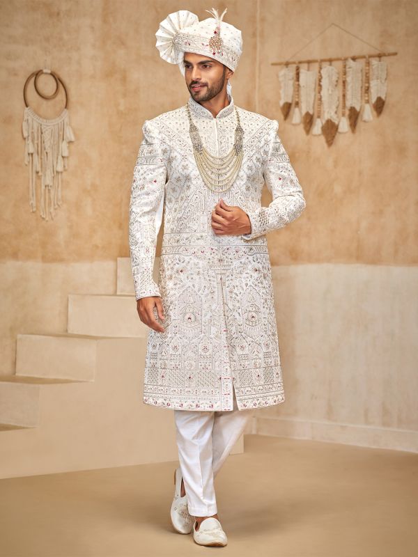 White Heavy Embroidered Menswear Silk Sherwani