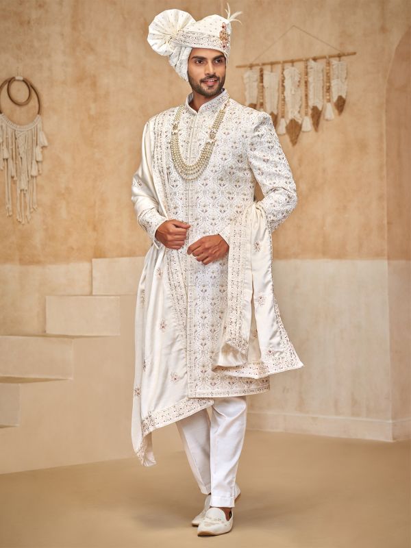 White Thread Enhanced Silk Sherwani With Stole