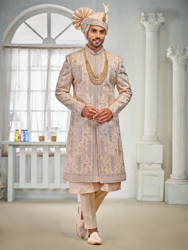 Peach Groom's Sherwani In Stone Embellishment