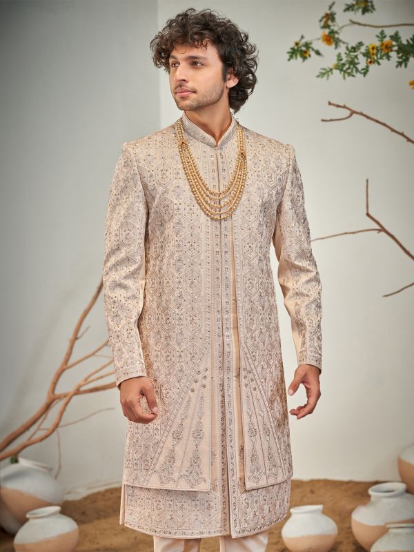 Beige Wedding Men's Sherwani In Layered Pattern