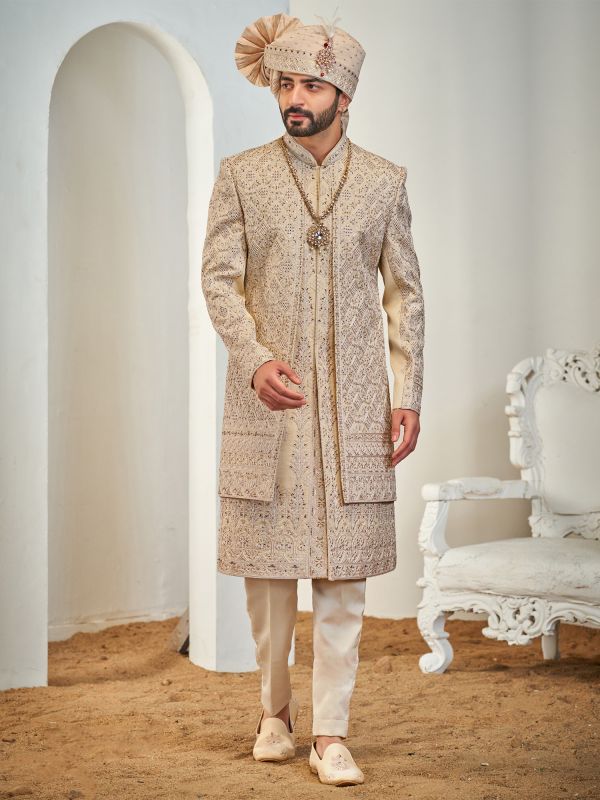 Ivory Golden Men's Heavy Embroidered Layered Sherwani