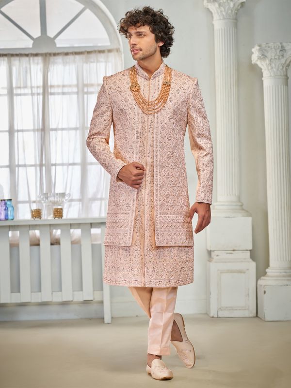 Light Peach Layered Pattern Sherwani In Stone Work