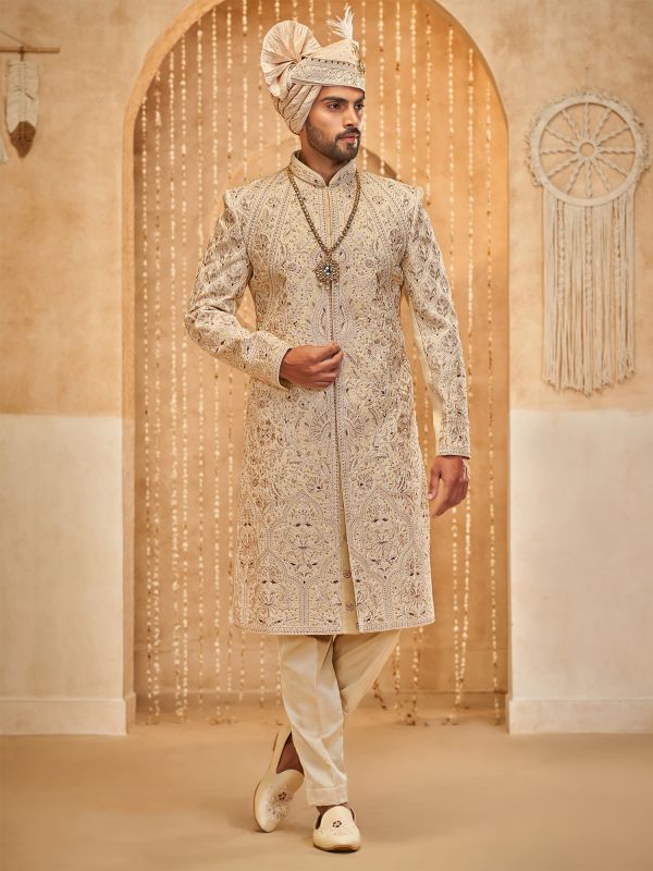 Ivory Golden Embroidered Men's Sherwani In Silk