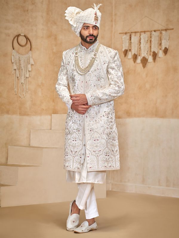 White Sequins Augmented Sherwani With Kurta