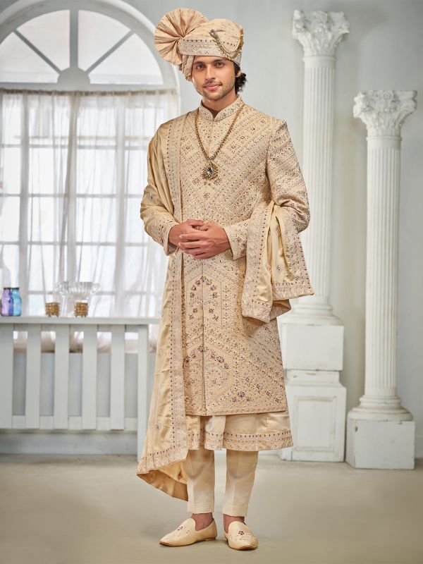 Golden Anarkali Style Embroidered Sherwani For Groom