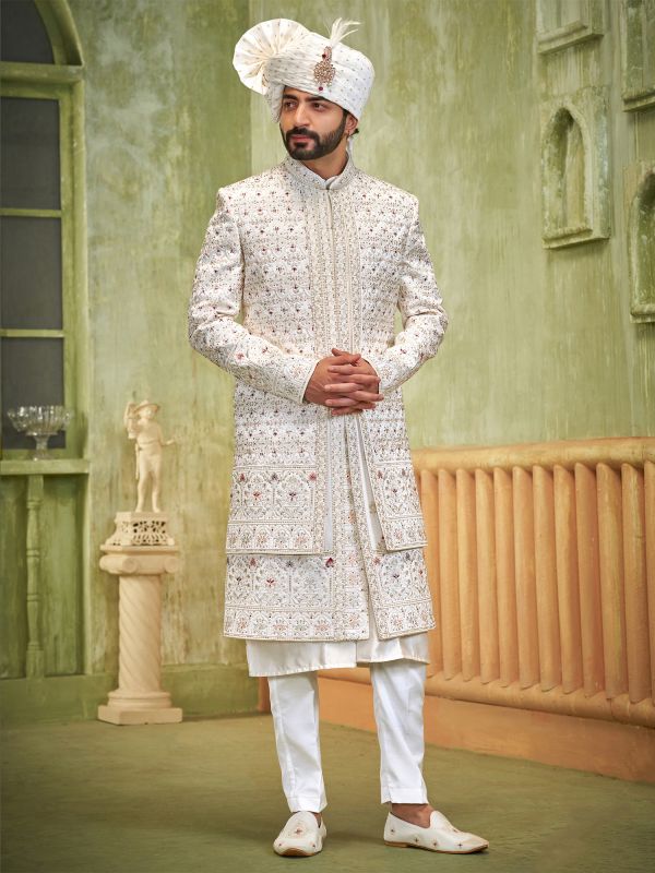 White Double Layered Sherwani Set For Groom