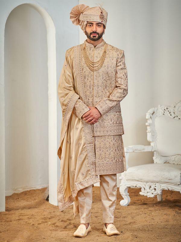 Golden Silk Wedding Sherwani With Stole For Men