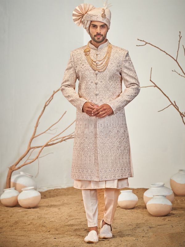 Cream Heavy Thread Work Wedding Sherwani Set