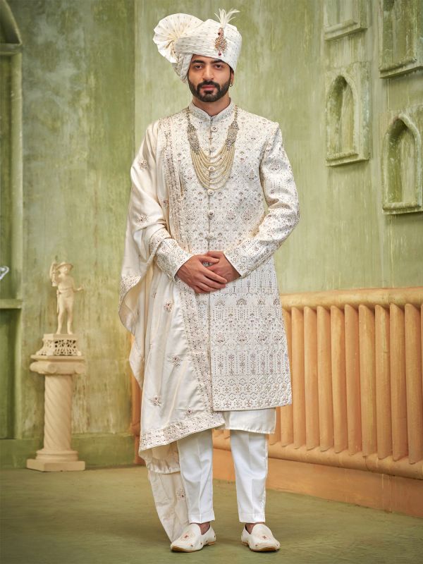 White Sequins Work Groom's Wedding Sherwani