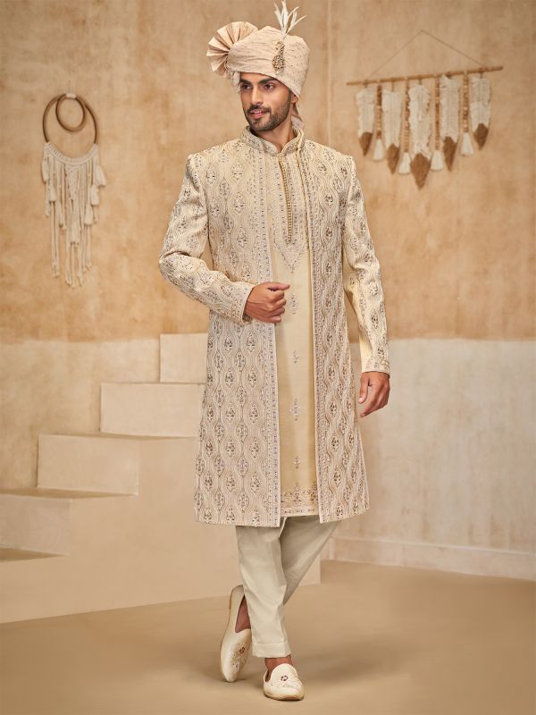 Beige Wedding Sherwani With Embroidered Jacket