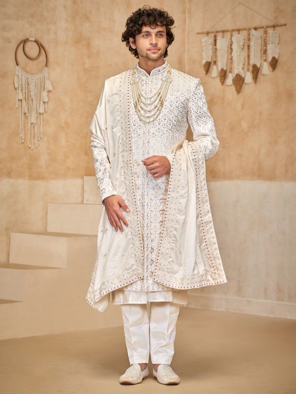 White Embroidered Sherwani With Stole For Groom