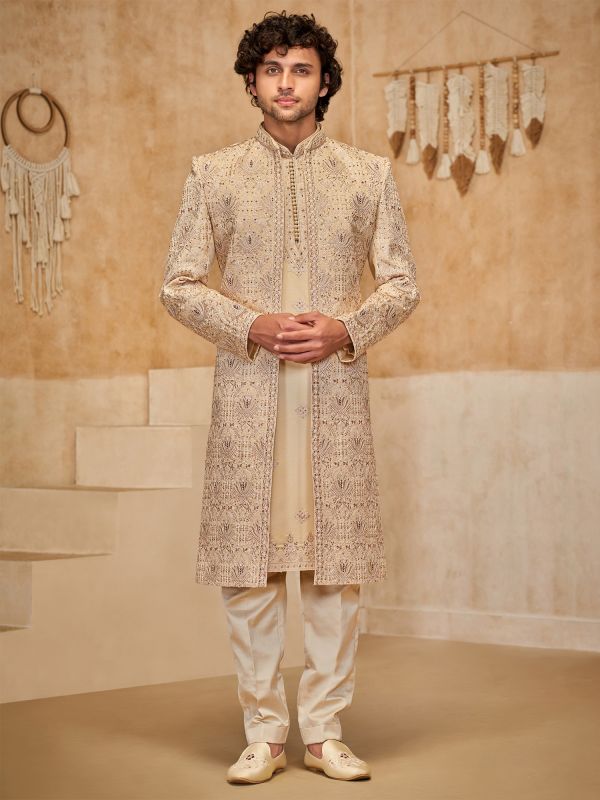 Golden Jacket Style Sherwani For Men's In Silk