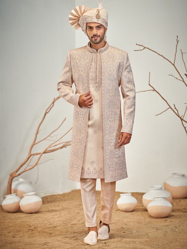 Cream Embroidered Sherwani In Jacket Style