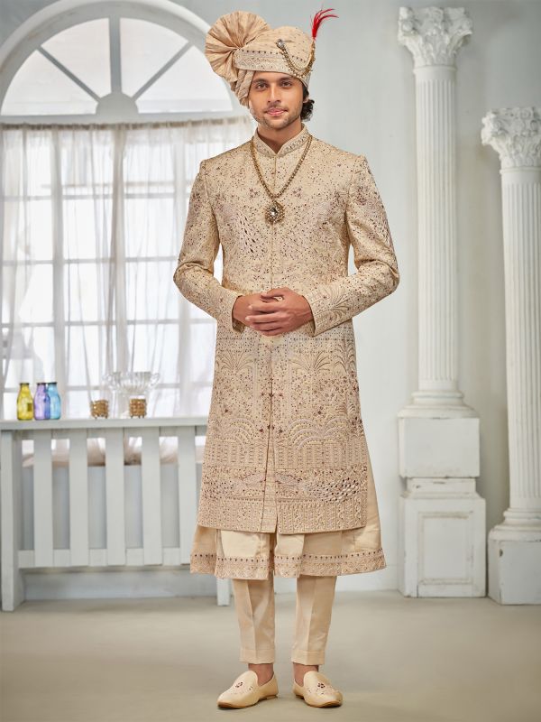 Golden Stone Embellished Sherwani In Anarkali Kurta