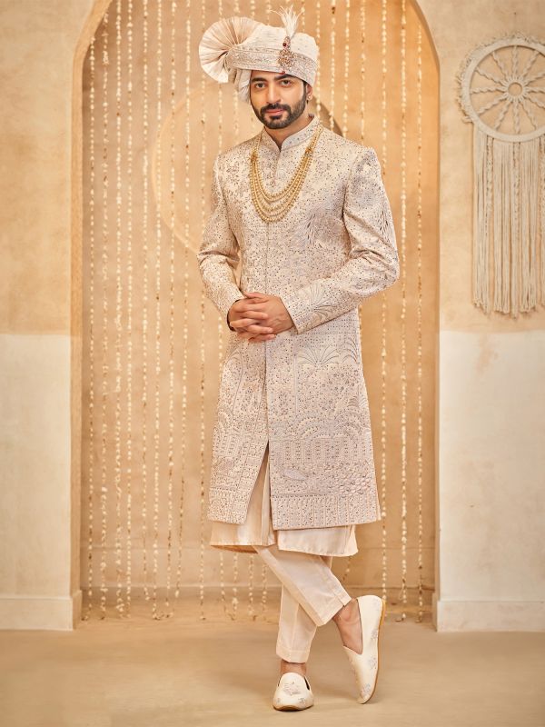 Cream Heavy Embroidered Silk Sherwani With Kurta