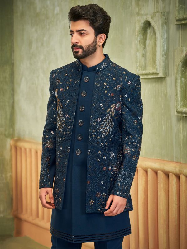 Blue Men's Indowestern With Embroidered Open Jacket