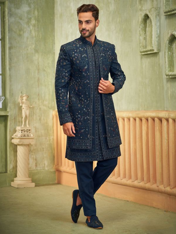 Blue Wedding Layered Men's Indowestern Set In Silk