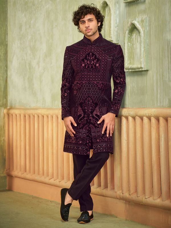 Wine Embroidered Indowestern Style Men's Sherwani