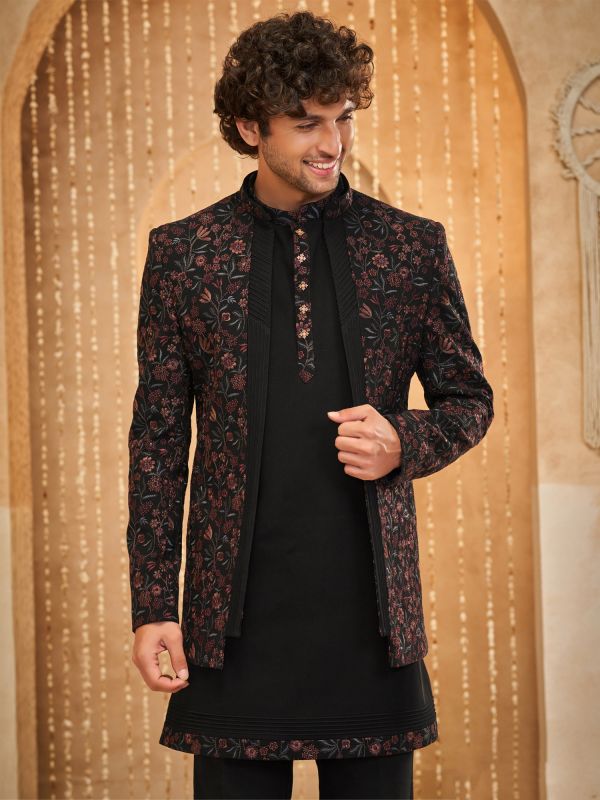 Black Menswear Indowestern With Embroidered Jacket