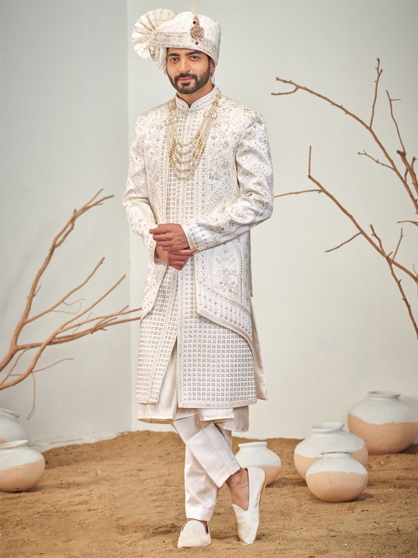 White Layered Sherwani In Silk With Kurta